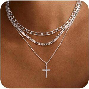 Layered Silver Chain Necklace | Zircon Cross Pendant